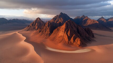 Fototapeta premium Desert mountain range aerial sunset dunes landscape
