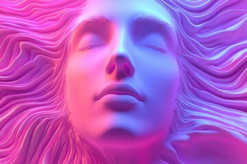 Obraz premium Serene ethereal face sculpture with flowing wavy strands soft textures in neon pink and blue tones