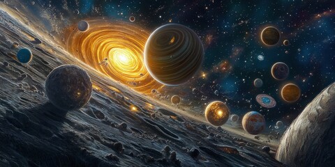 Planets floating with bright solar storm; ideal for astronomy or science fiction use