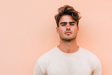 Obraz premium Stylish man beige pink soft-focus background