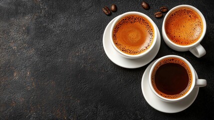 Three cozy cups of coffee arranged on a table creating a warm and inviting atmosphere for relaxation and enjoyment