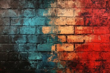 Obraz premium Cracked brick design: aged facade, weathered wall texture, rustic surface marks, worn masonry aesthetics, aged structural charm, uneven brickwork details, distressed finish, vintage ambiance