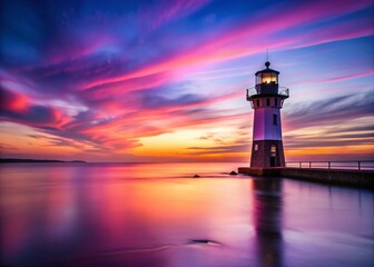 Serene Pink & Purple Dusk Seascape with Tranquil Lighthouse - Night Photography Stock Photo