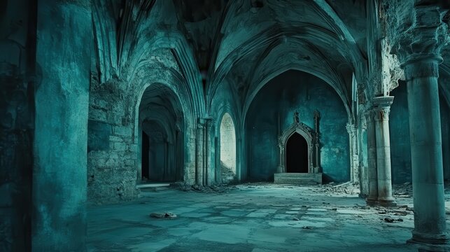 Eerie Gothic Ruins  Ancient Cathedral Interior  Dark Teal  Mysterious Architecture