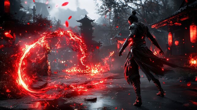 Fiery Warrior in Asian Town  Digital Art  Fantasy  Red Flames