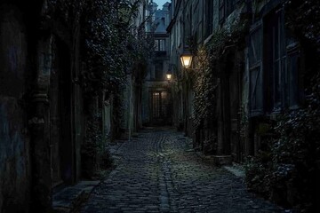 Fototapeta premium Serene European Alleyway at Dusk with Lanterns and Cobblestone Path