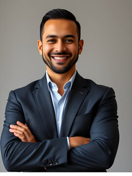 a portrait of a latino man in a well-tailored suit. Entrepreneur. Professional. Kind. Successful. Motivational. Inspiring. His arms are uncrossed and relaxed. Man age is 45.Man has a pleasant smile.