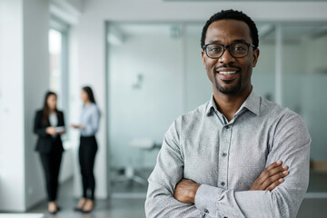Confident Professional Man In Modern Office With Glass Partition And Warm Smile