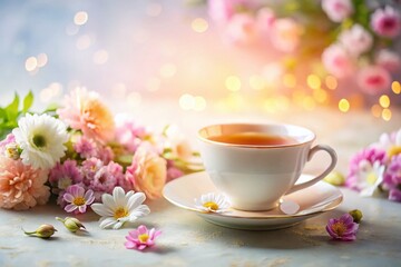 Fototapeta premium Serene Tea Time: Floral Cup of Tea on Light Background