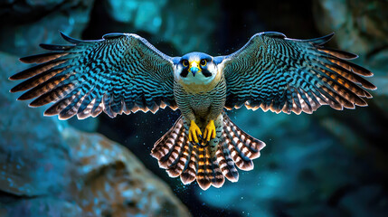 Obraz premium Majestic peregrine falcon in mid-flight against a rocky underwater backdrop, showcasing vibrant feathers