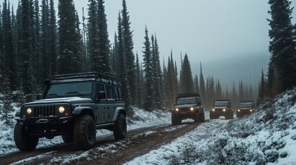 Winter Convoy Driving Down Snow-Covered Narrow Trail