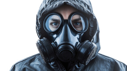 Man in a gas mask isolated, for safety and protection from chemical hazards, ideal for emergency preparedness, pollution, or industrial risk concepts.