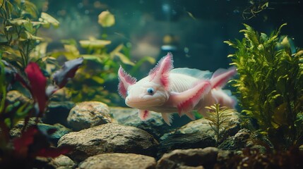 Obraz premium Captivating axolotl swimming gracefully in vibrant aquatic habitat underwater nature scene close-up view serene environment