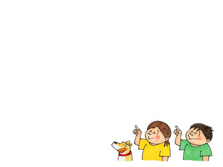 指差す子供と犬(笑顔)　コピースペース
