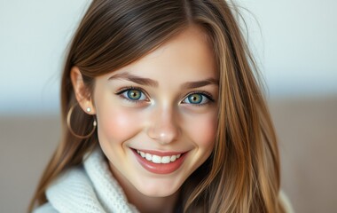 Naklejka premium Smiling Young Woman with Natural Makeup and Beautiful Long Hair