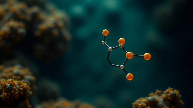 Fucoxanthin, C42H58O6, xanthophyll molecule. It has anticancer, anti-diabetic, anti-oxidative, neuroprotective properties. Structural chemical formula and molecule model