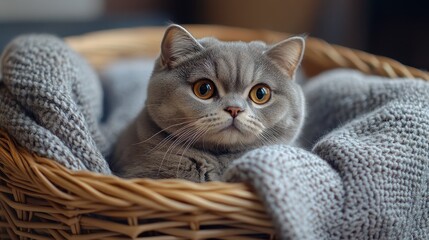 Cute cat relaxing in a cozy basket indoor setting pet photography calm environment close-up view feline serenity