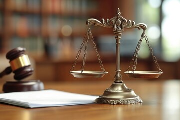 Decorative justice scale and gavel on wooden table in office