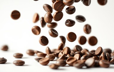Naklejka premium Freshly Roasted Coffee Beans Falling on Soft Surface, Coffee Lovers Delight