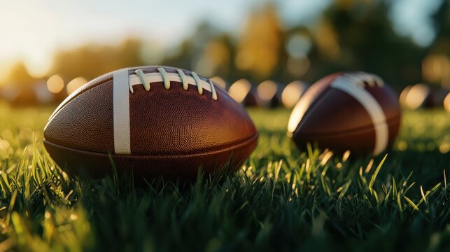 American Football on Grass at Sunset