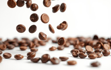 Obraz premium Falling Chocolate Chips on a Bright White Surface - Baking Ingredients for Desserts