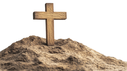 Wooden cross on top of a hill or mountain isolated, representing the Christian symbol of Jesus Christ's crucifixion, ideal for Easter, Good Friday, and religious themes.