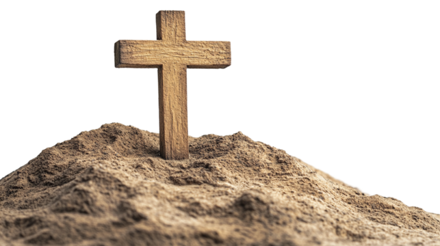Wooden cross on top of a hill or mountain isolated, representing the Christian symbol of Jesus Christ's crucifixion, ideal for Easter, Good Friday, and religious themes.