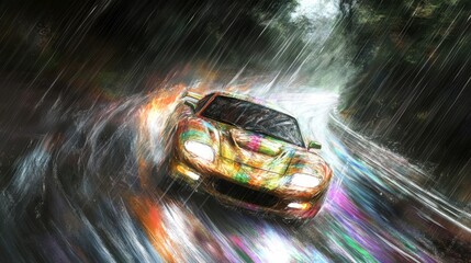Naklejka premium Colorful Car Racing Through Rain with Blurred Background