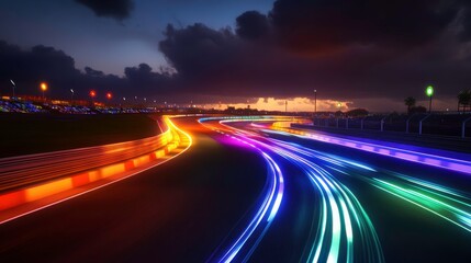 Obraz premium Colorful Glowing Streaks on a Dark Racing Track