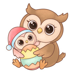 Obraz premium A mother and baby owl hugging a cute-colored Easter egg, painted with a watercolor texture.