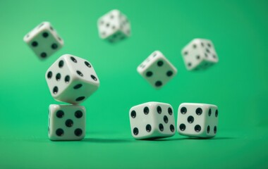 Dynamic Falling Dice on Green Background: Exciting Game Elements for Designers