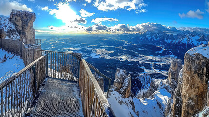 Panoramic view from a snowy mountain lookout, showcasing vast valleys and distant peaks under a bright sky