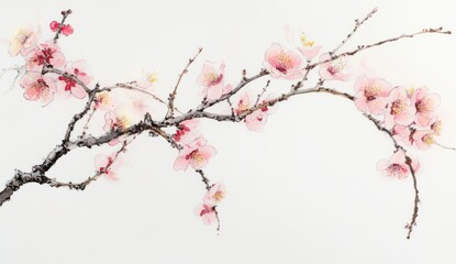 Delicate pink plum blossoms on a graceful branch, painted in a traditional East Asian style.