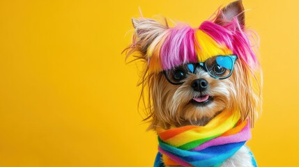 Colorful Dog with Rainbow Scarf and Glasses on Yellow