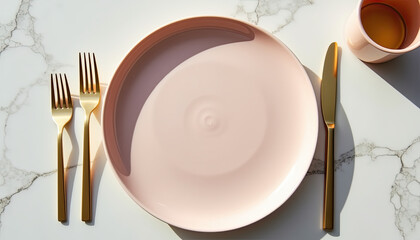 Pink plate with gold cutlery on marble table for restaurant menu photography and culinary presentations