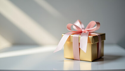 Gift box with pink ribbon on light background for birthday presents and special occasion gifting