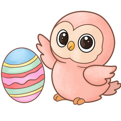 A baby owl with pastel-colored Easter eggs.







