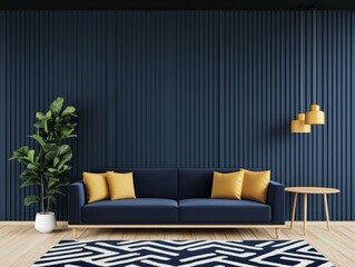 Chic living room with a comfortable blue sofa and a bright yellow lamp adding warmth and style to the space