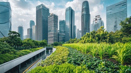 Fototapeta premium Lush green park contrasts modern skyscrapers.