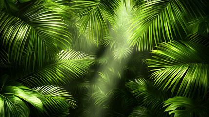 Obraz premium Lush Green Tropical Rainforest With Sunlight Beams
