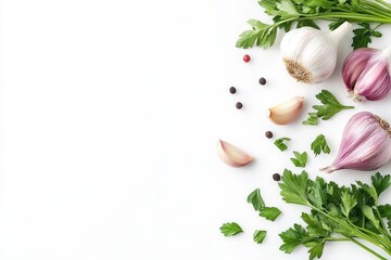 Fresh garlic bulbs with parsley and peppercorns on white background food preparation recipe herbs
