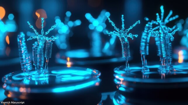 Bioluminescent Escherichia coli flagellum symphony installation, ultra-detailed macro photography of microbial quorum sensing, nanoscale whip-like structures emitting pulsating light waves