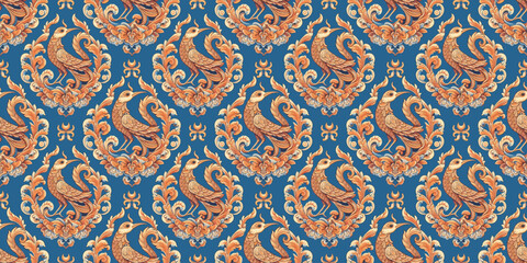 Birds tribal Thai art abstract seamless pattern with blue and gold