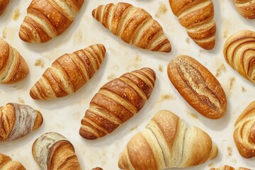 Fototapeta premium Freshly Baked Assortment of Artisan Breads and Croissants on Surface
