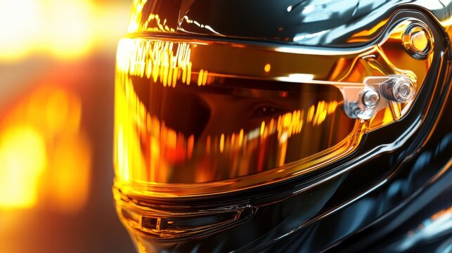 Helmet Visor Reflecting a Vibrant Sunset Glow