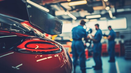Inspecting Race Car Spoiler in Garage Lighting
