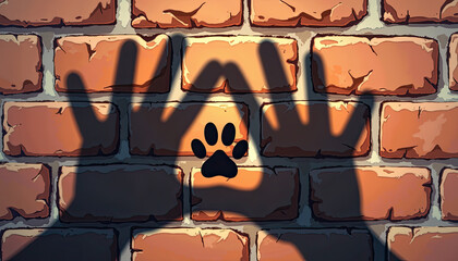 Hand shadows forming dog paw print on brick wall for pet adoption awareness campaigns and educational materials