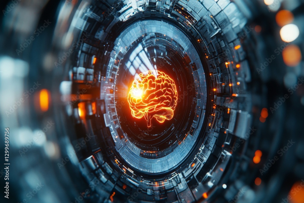 Poster visual representation of a glowing brain inside a futuristic technological structure emphasizing art