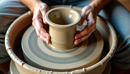 Artisan hands centering clay cup on potter's wheel for craft blogs and DIY tutorials