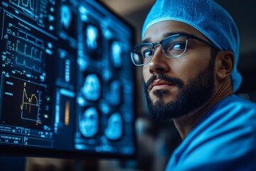 Male medical professional analyzing patient data on a digital display in a clinical setting during nighttime hours